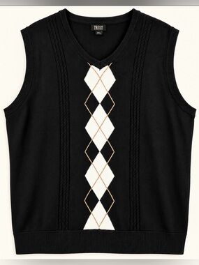 TRUST Men’s 2XL Black Argyle Sweater Vest V-Neck Cable Knit